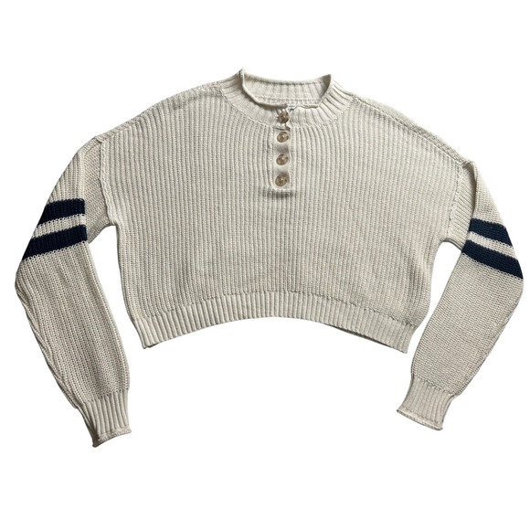 American Eagle Outfitters Cream Cropped Knit Sweater Blue Stripe Accent S - Picture 1 of 10